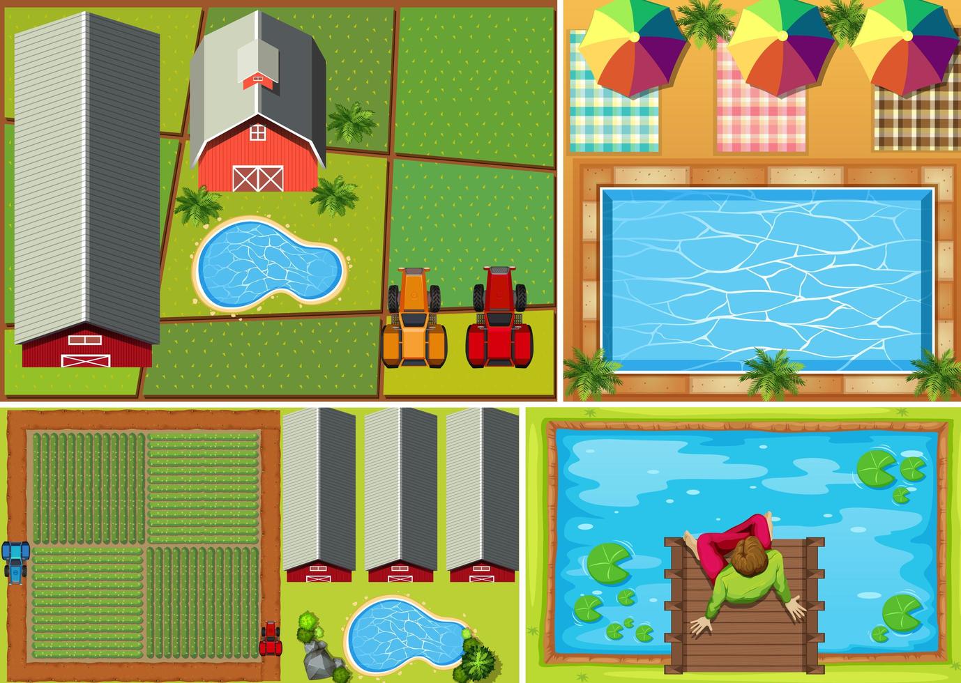 Set of top view farm scenes vector