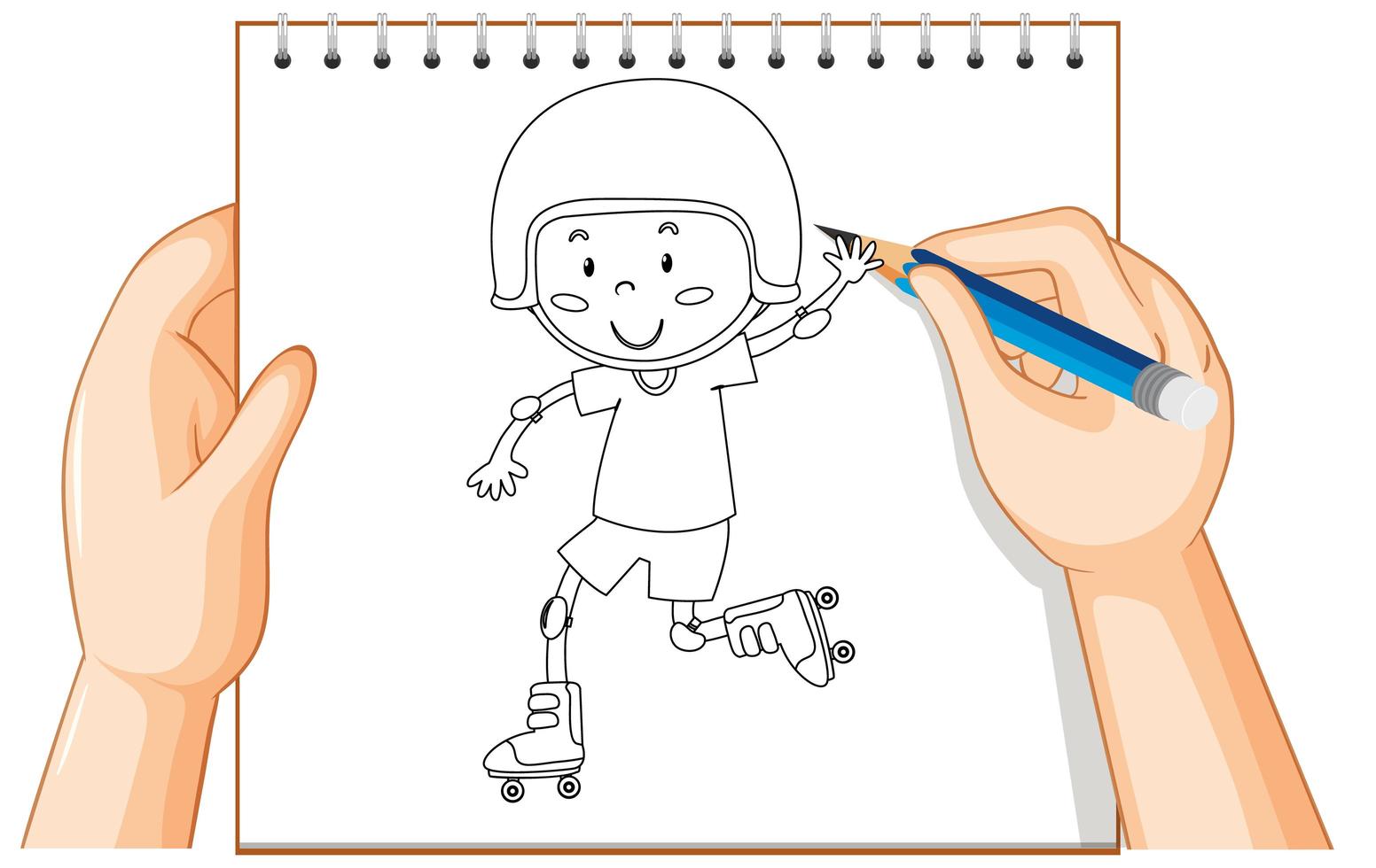 Hands drawing a boy in roller skates vector