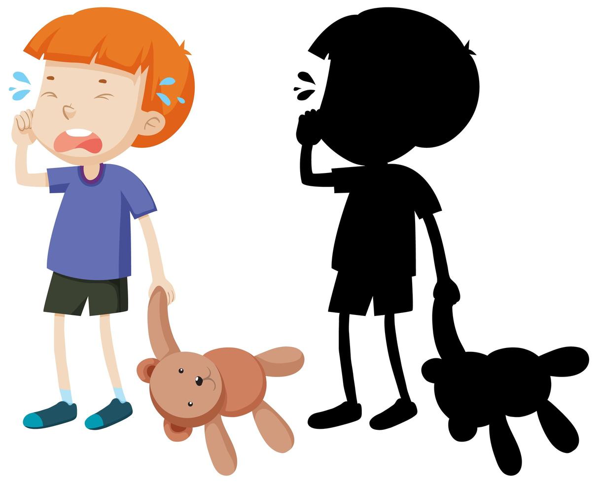 Boy crying and holding a teddy set vector