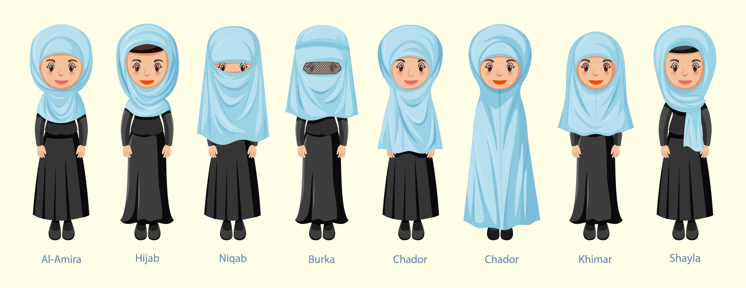 Types of Islamic traditional women's veils vector