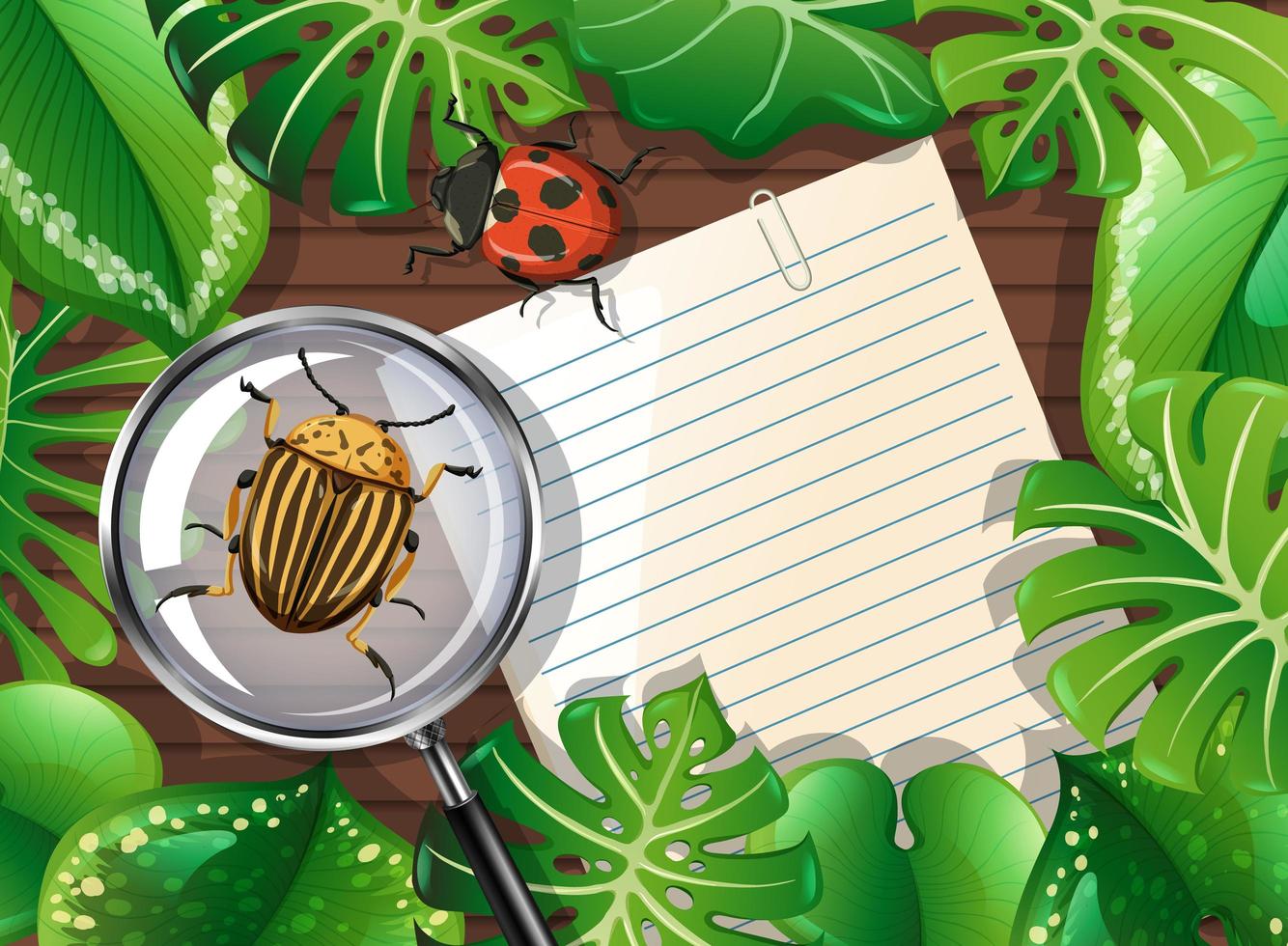 Table top view with paper, insects and foliage vector