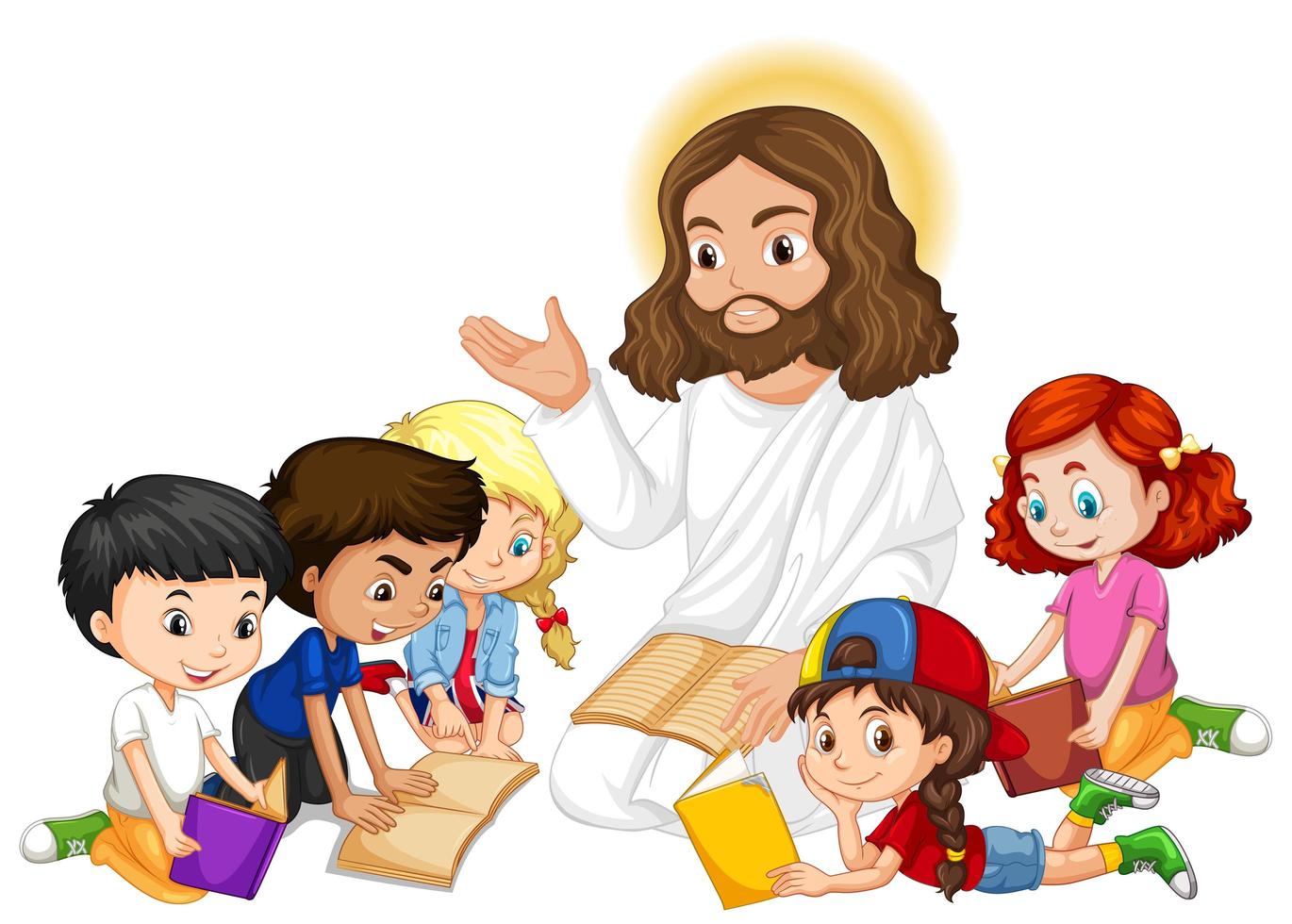 jesús enseñando a un grupo de niños jóvenes vector