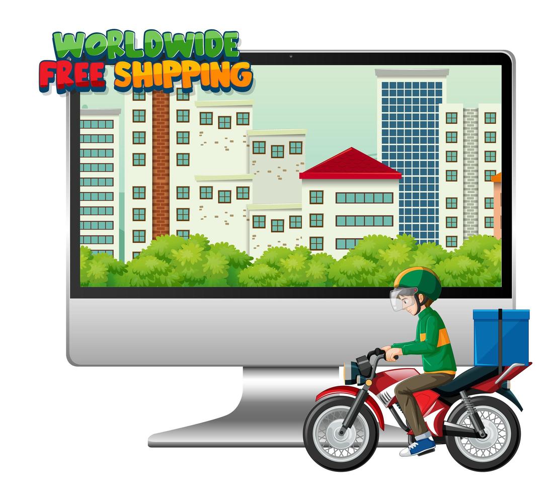 Computer with a motorcycle courier, and delivery lettering vector