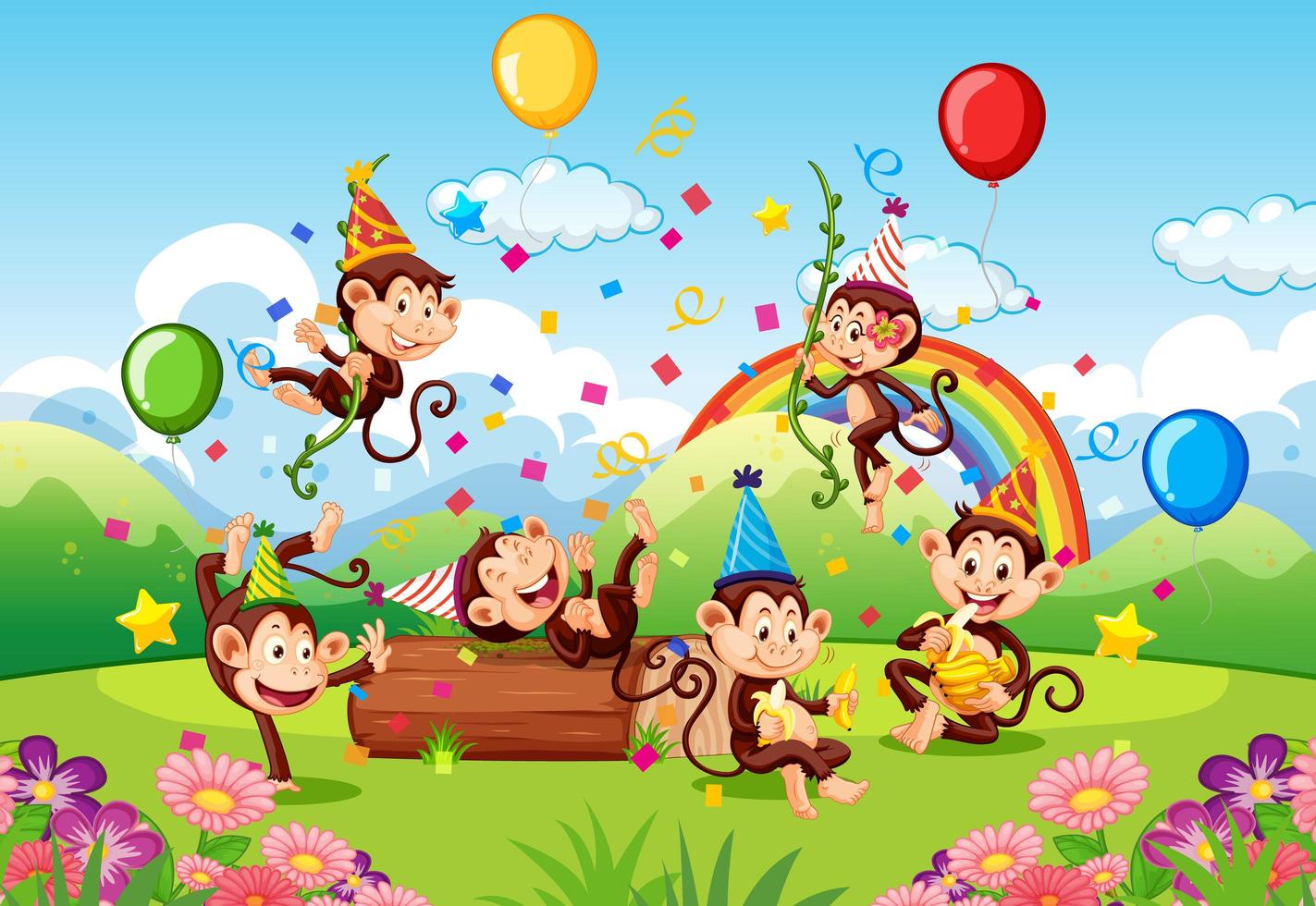 Monkeys having a birthday party outdoors vector