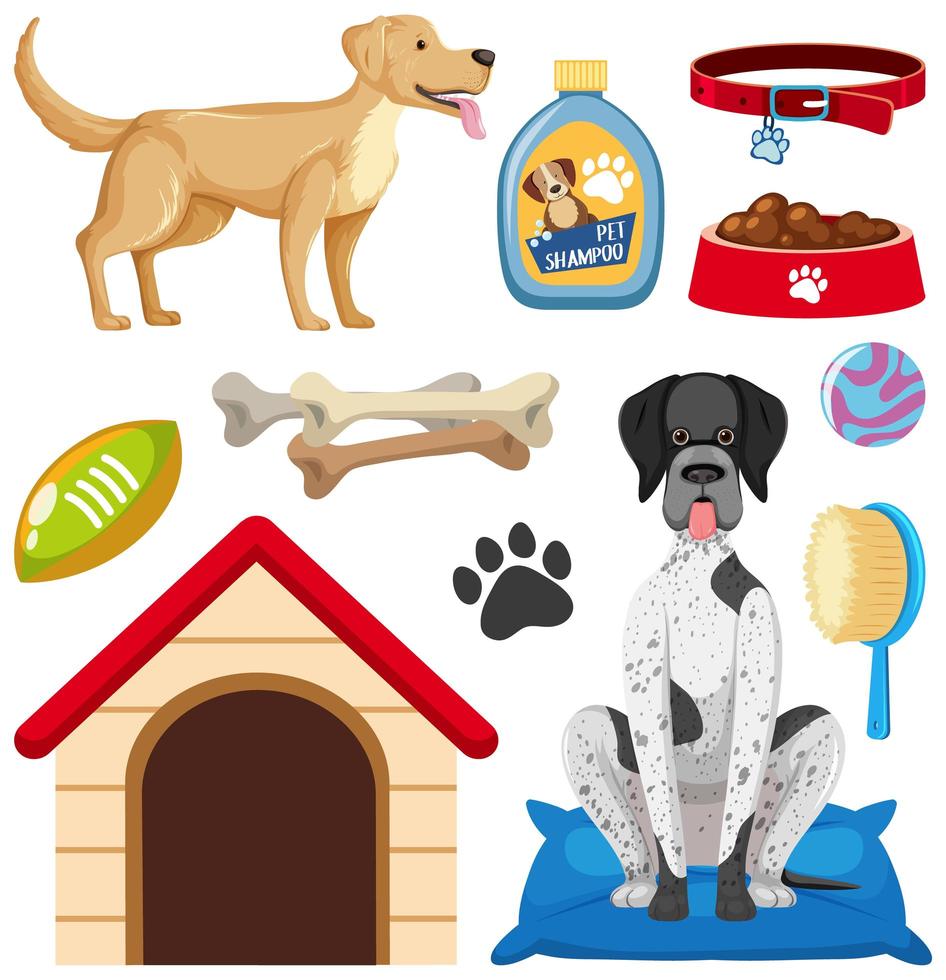 accesorios para perros y conjunto de elementos de tienda de mascotas. vector