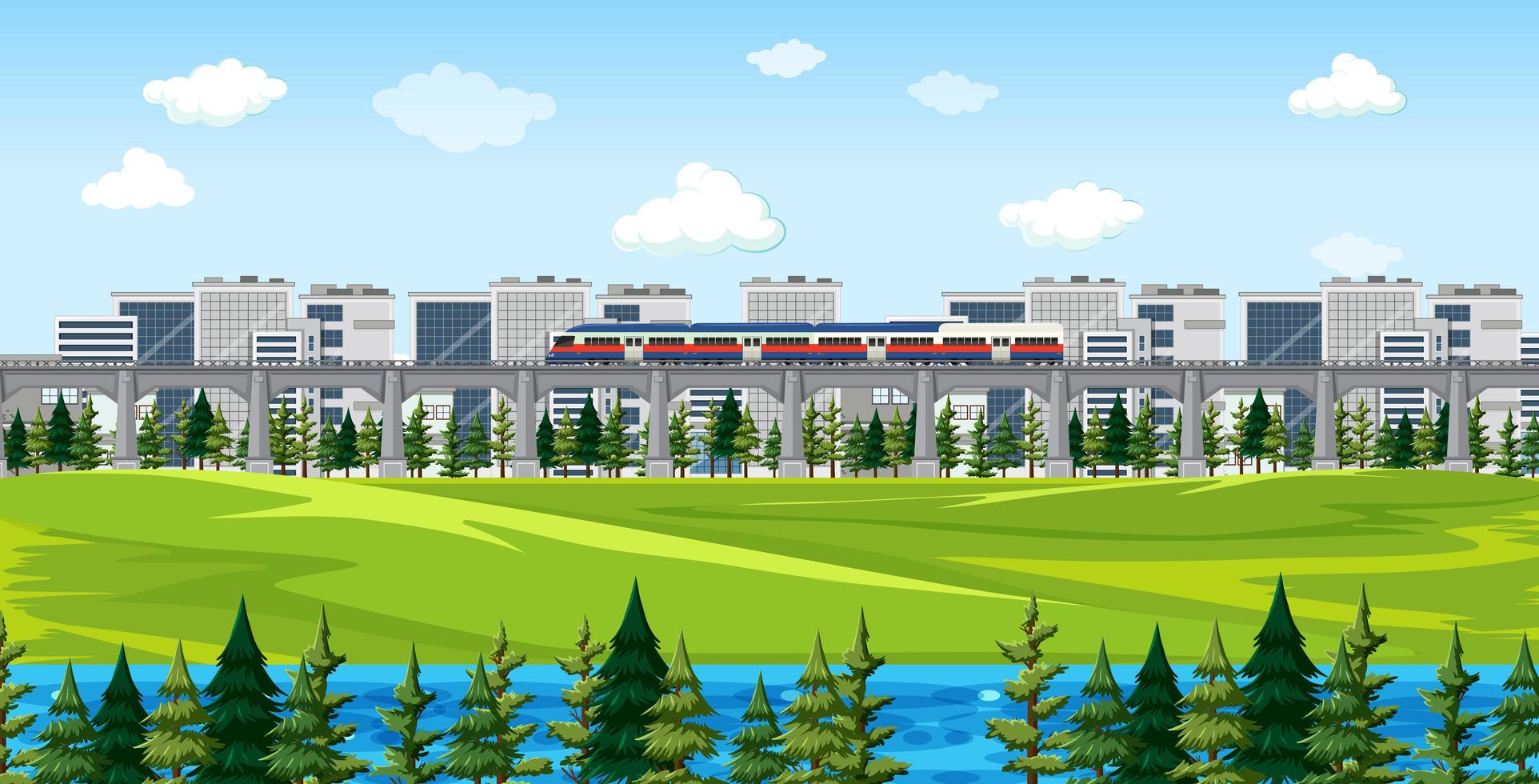 Nature park with a train and cityscape scene vector