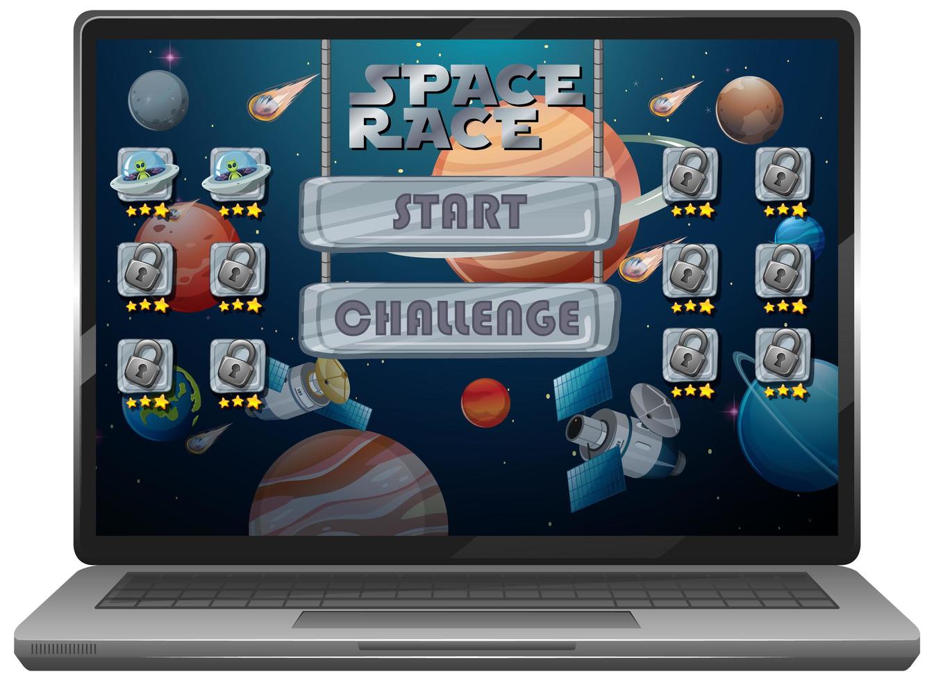 Space race mission game on a laptop screen vector