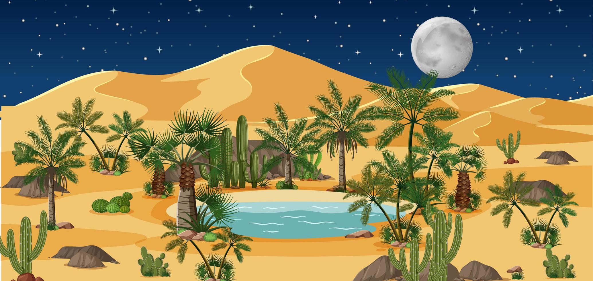 Desert oasis landscape at night vector