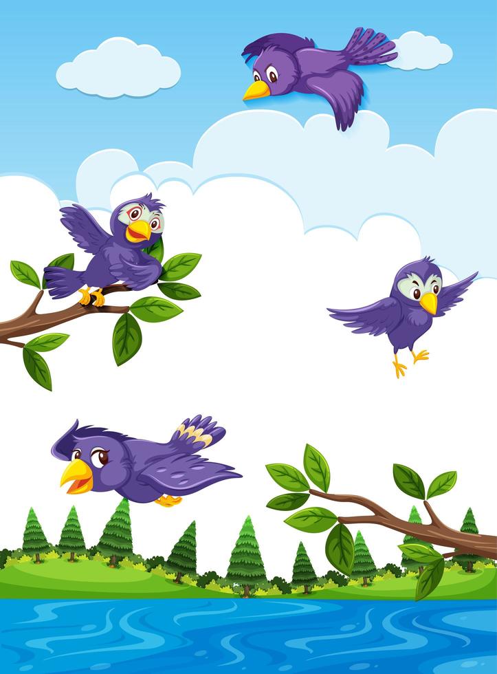 Bird characters flying outdoors vector