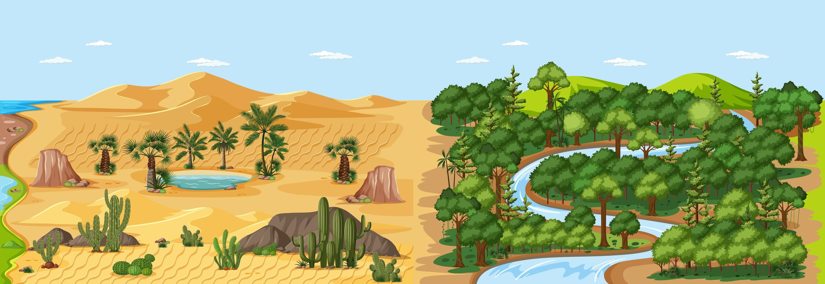 Forest landscape and desert dunes with oasis vector