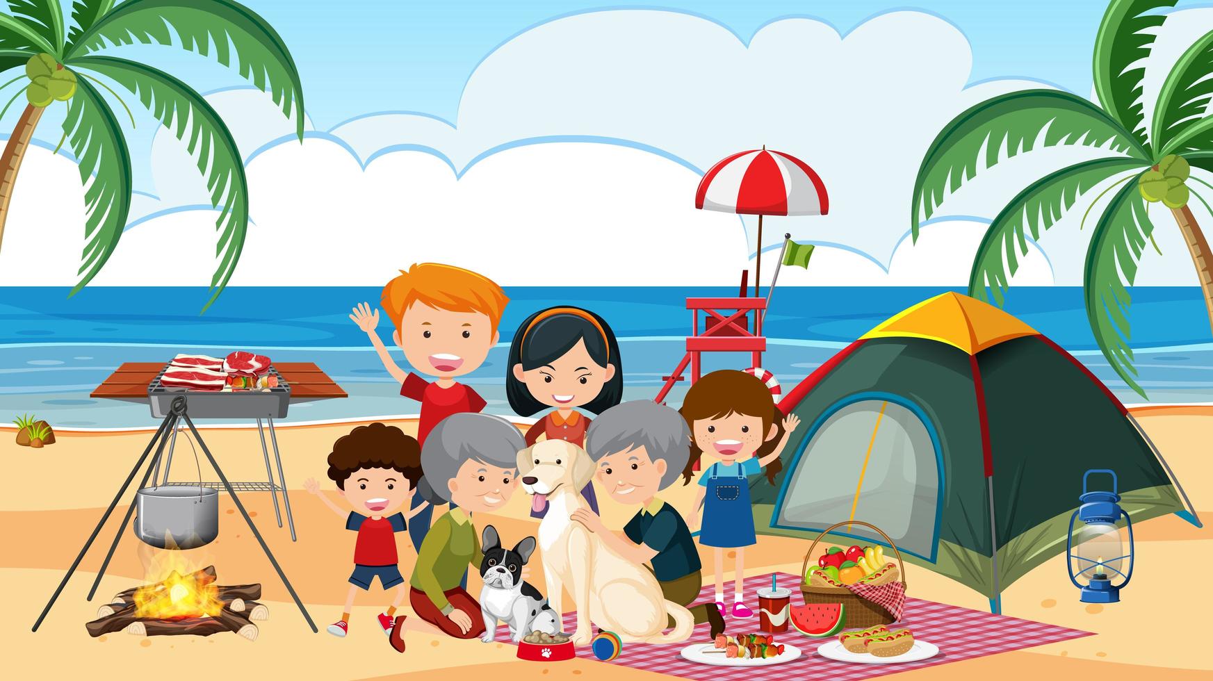 Family camping at the beach vector