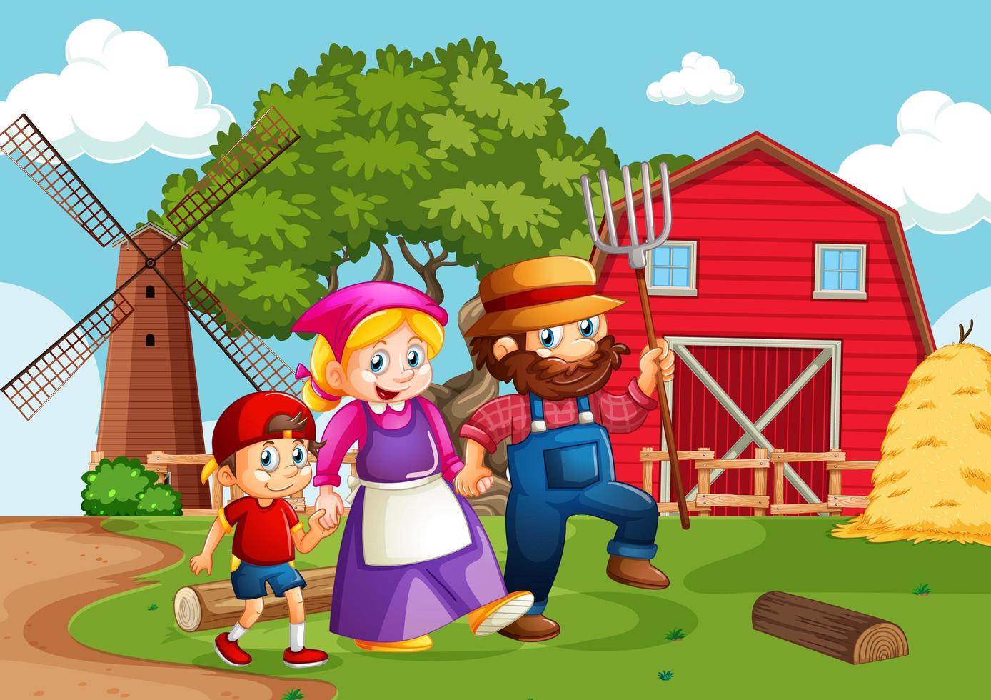 Happy cartoon farmer family characters vector