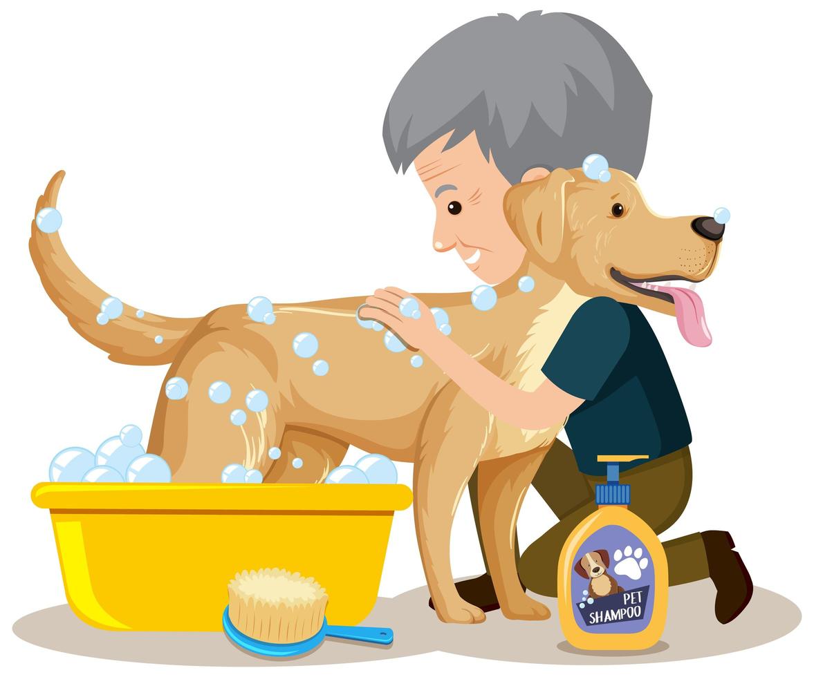 hombre bañando a su perro vector