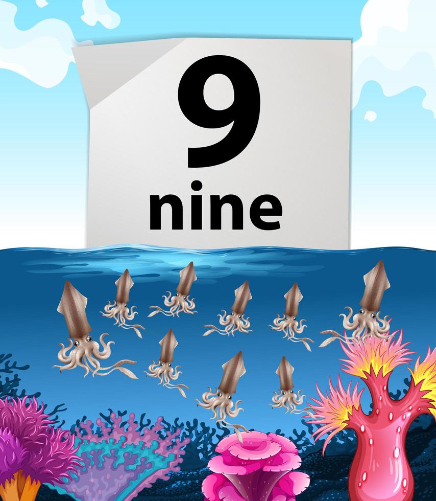 Number nine and nine squids underwater vector