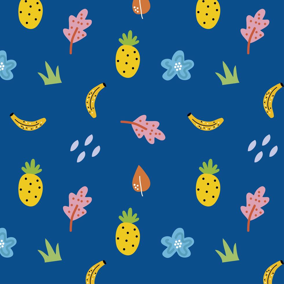 Fruits and flowers blue seamless pattern background vector