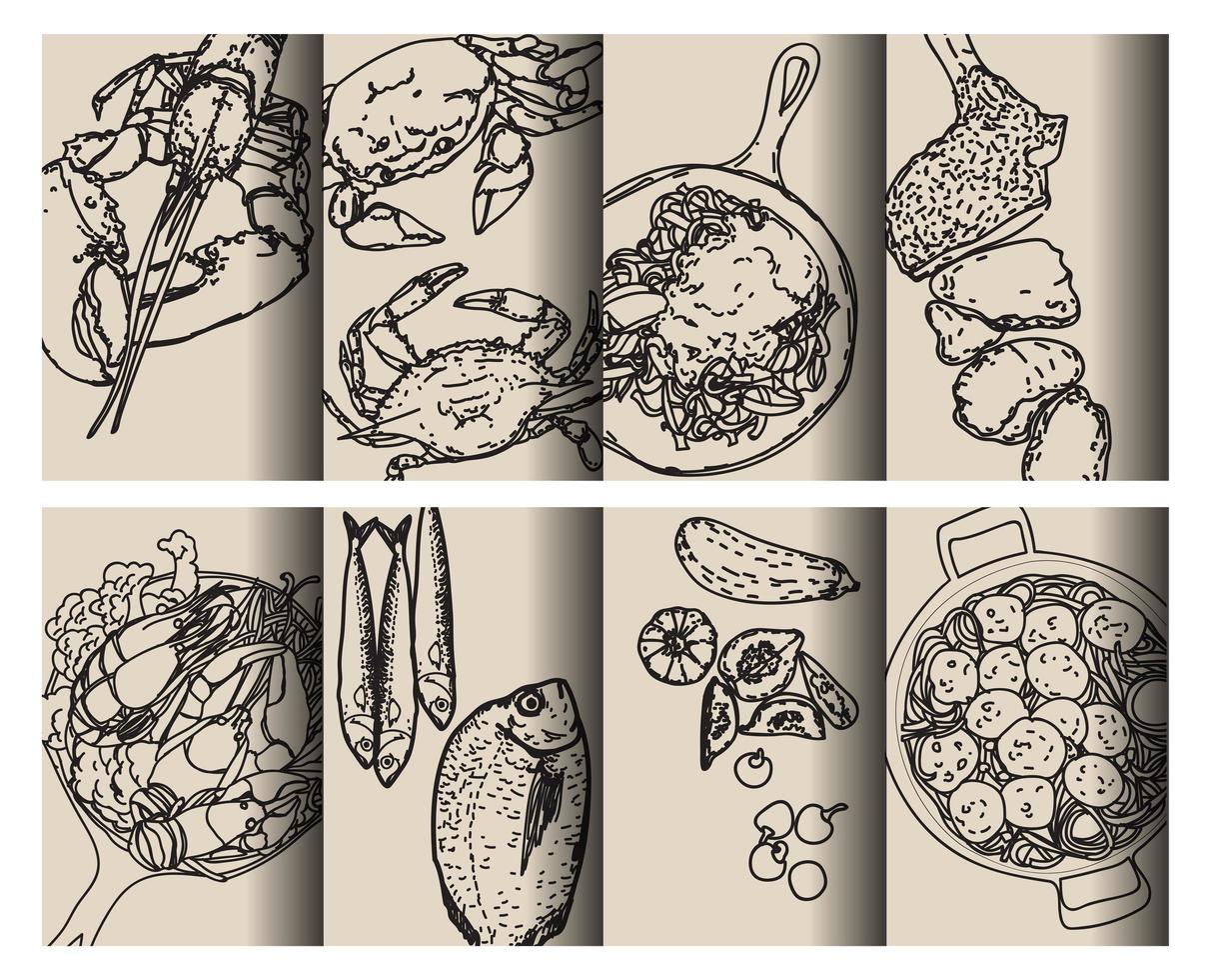 Black outline food patterns hand drawing set vector