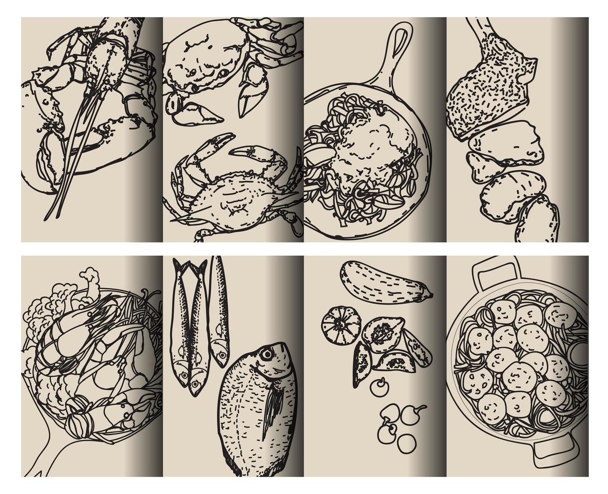 Black outline food patterns hand drawing set vector