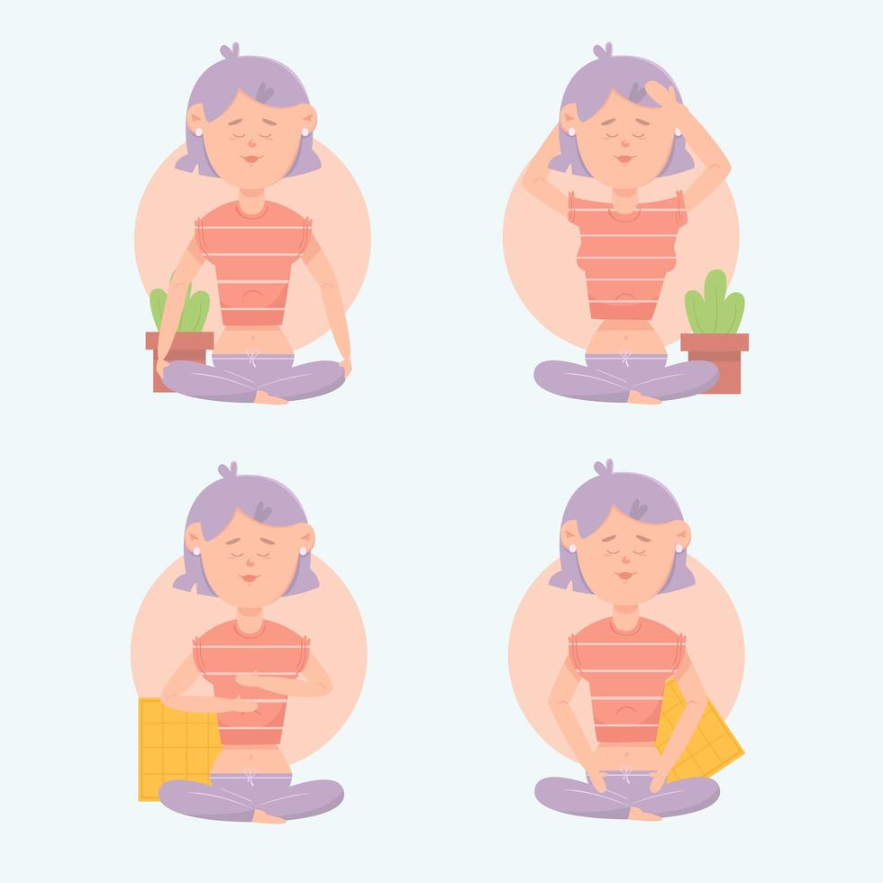 Self healing poses with woman meditating set  vector