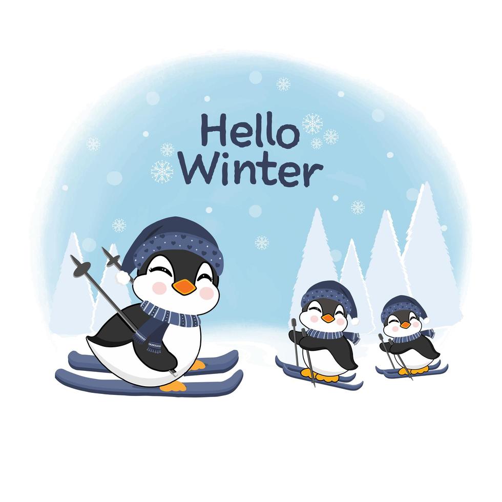 pequeños pingüinos esquiando para el diseño de celebración de invierno vector