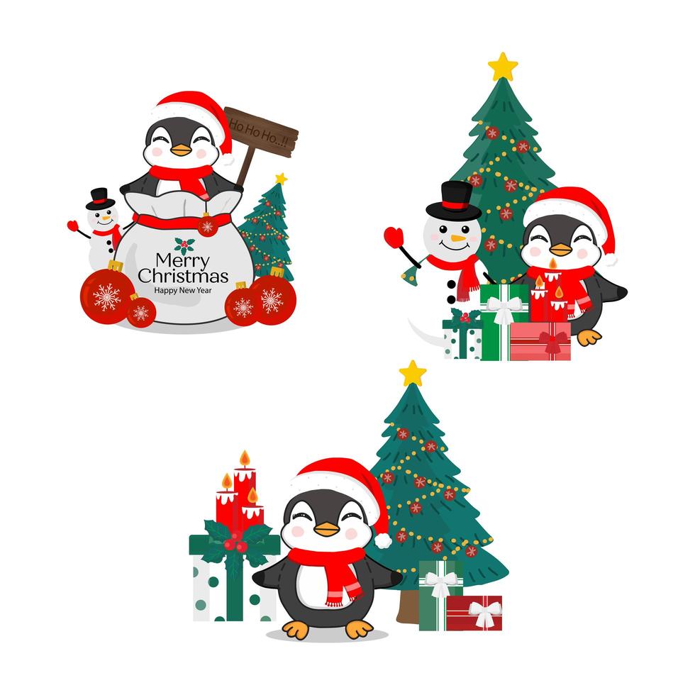 Collection of Christmas penguin in a Santa hat vector