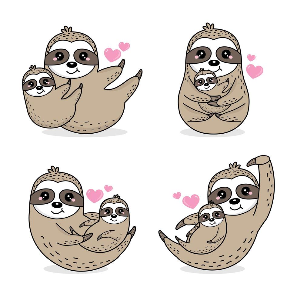 Cute mom and baby sloth character set vector