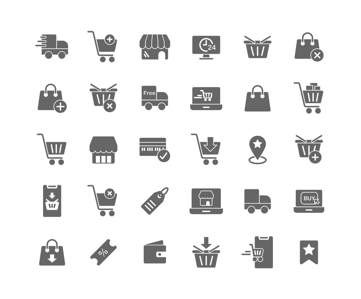 conjunto de iconos sólidos de compras en línea vector