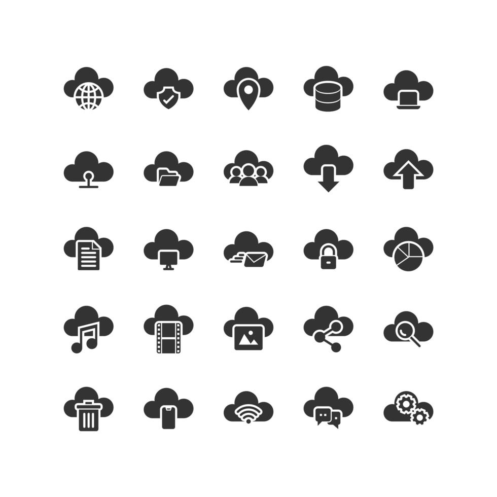 conjunto de iconos sólidos de computación en la nube vector