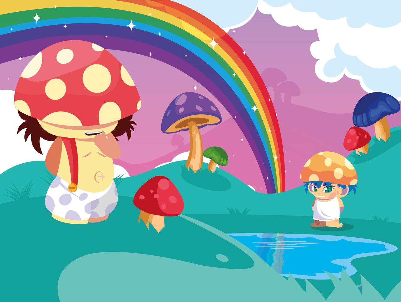 Little fungus fairytale in landscape fantasy with lake vector