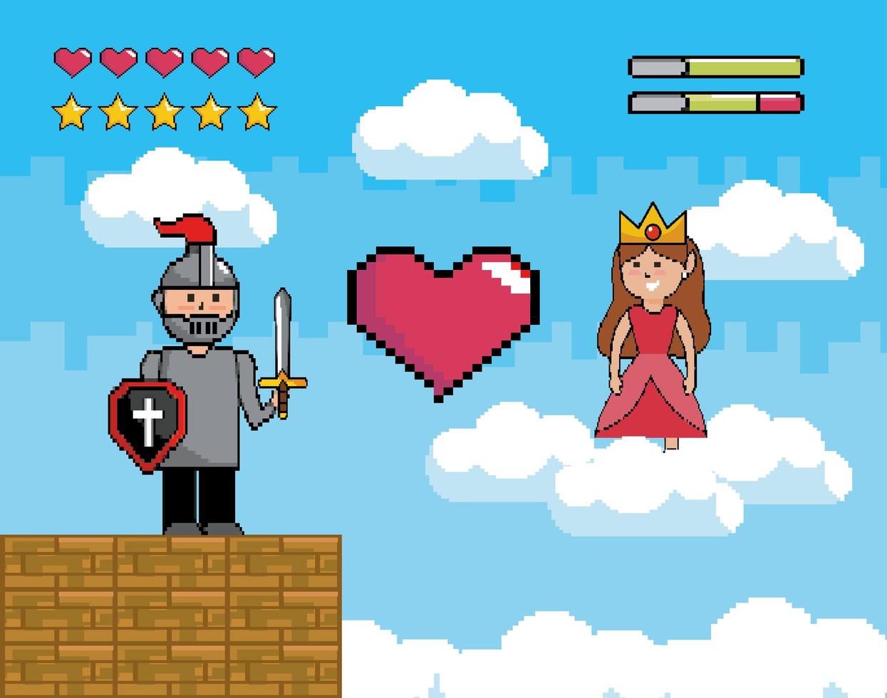 escena de videojuego con guerrero y princesa. vector