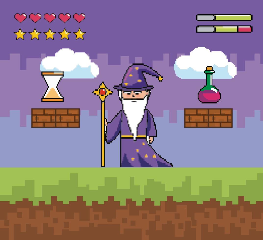 Videogame scene with wizard and pixel icons vector