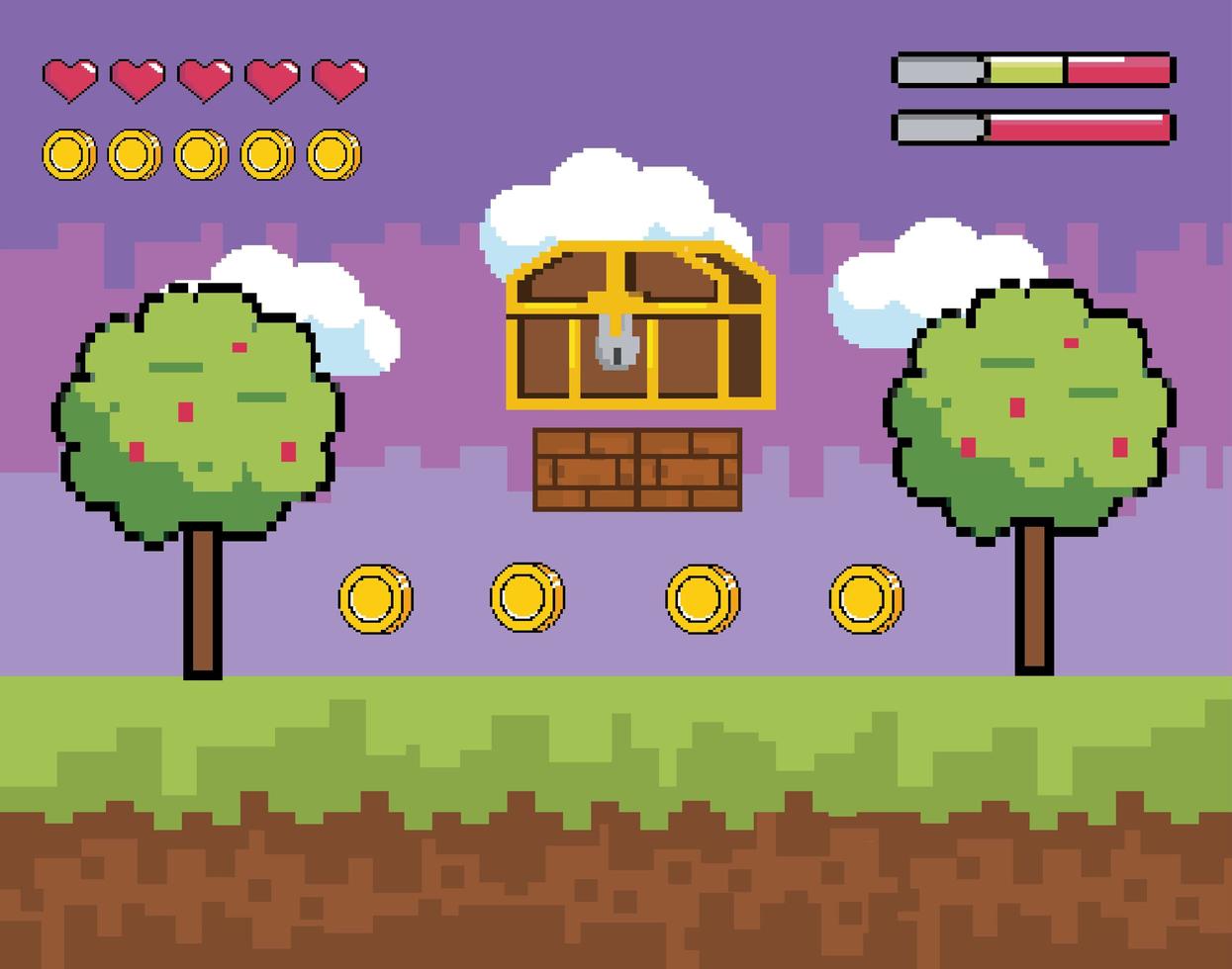 Videogame scene with pixel-style chest vector