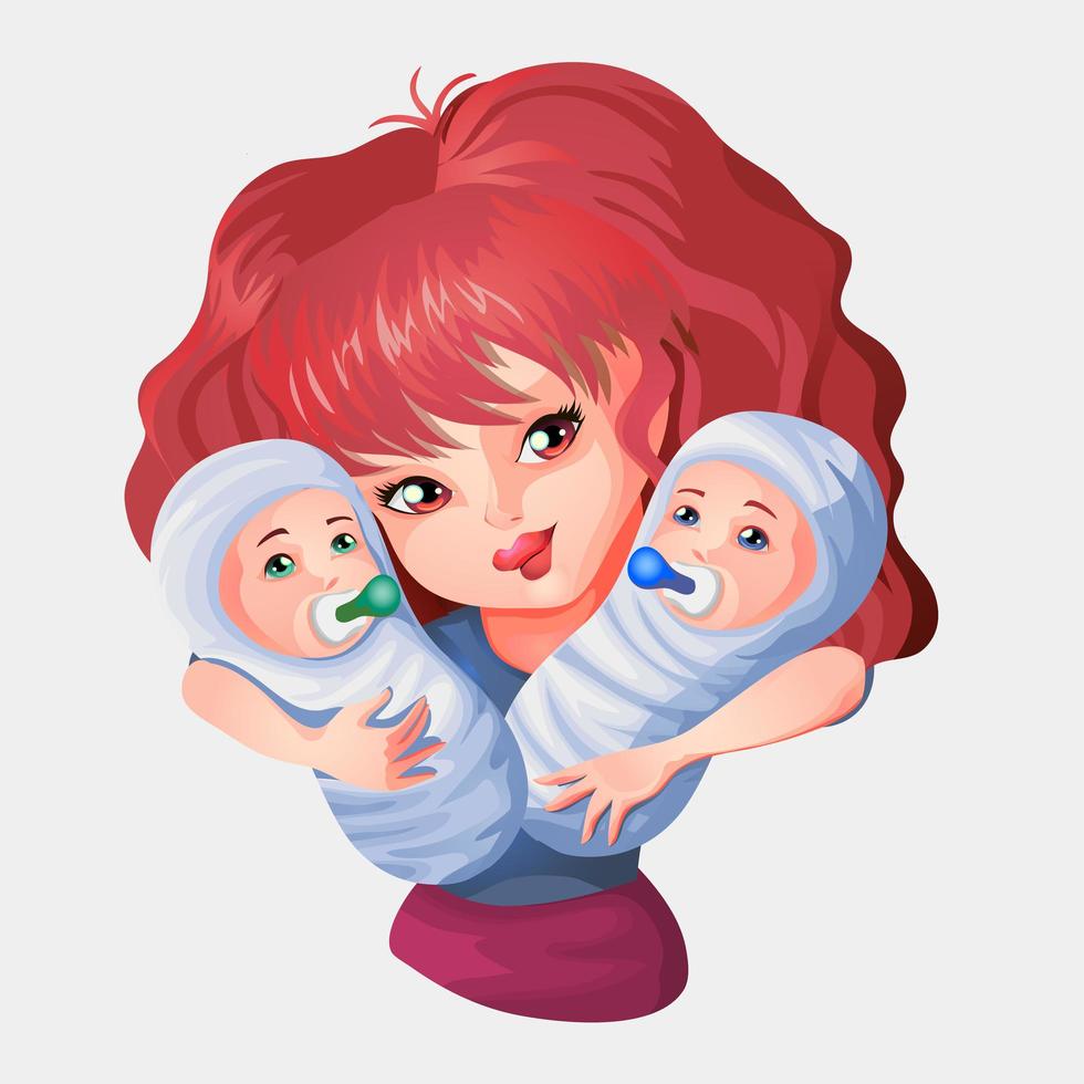 Woman hugging twin babies vector