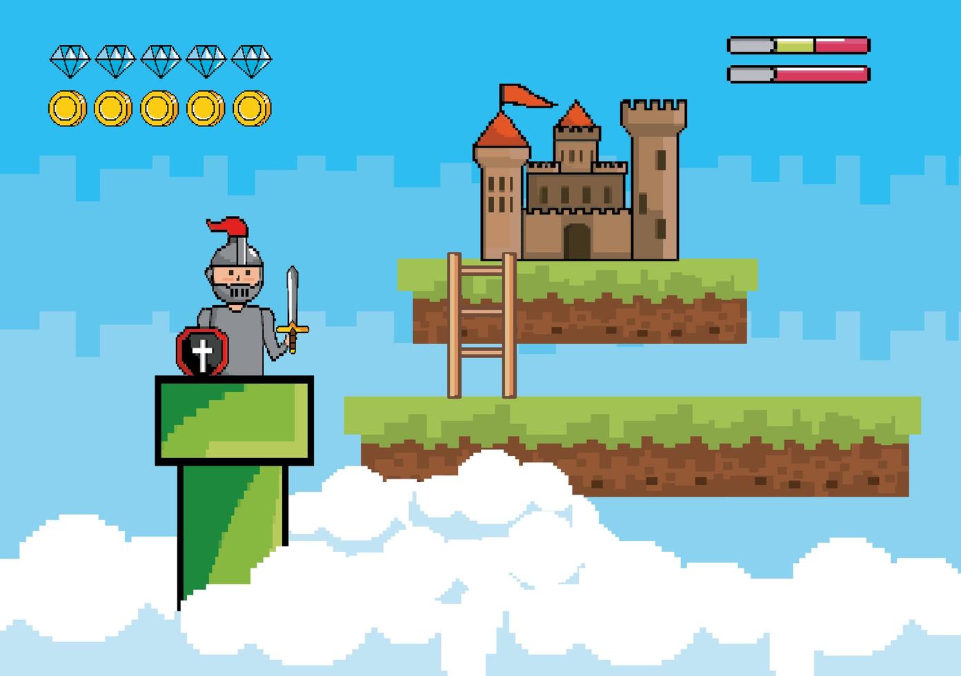 Videogame scene with warrior and castle vector