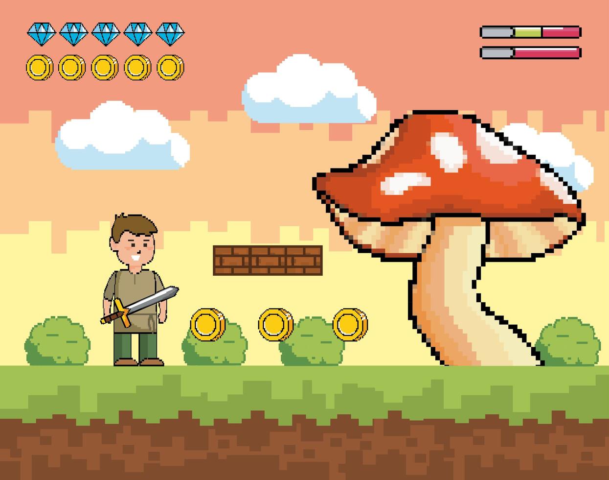 Videogame scene of boy with big mushroom vector