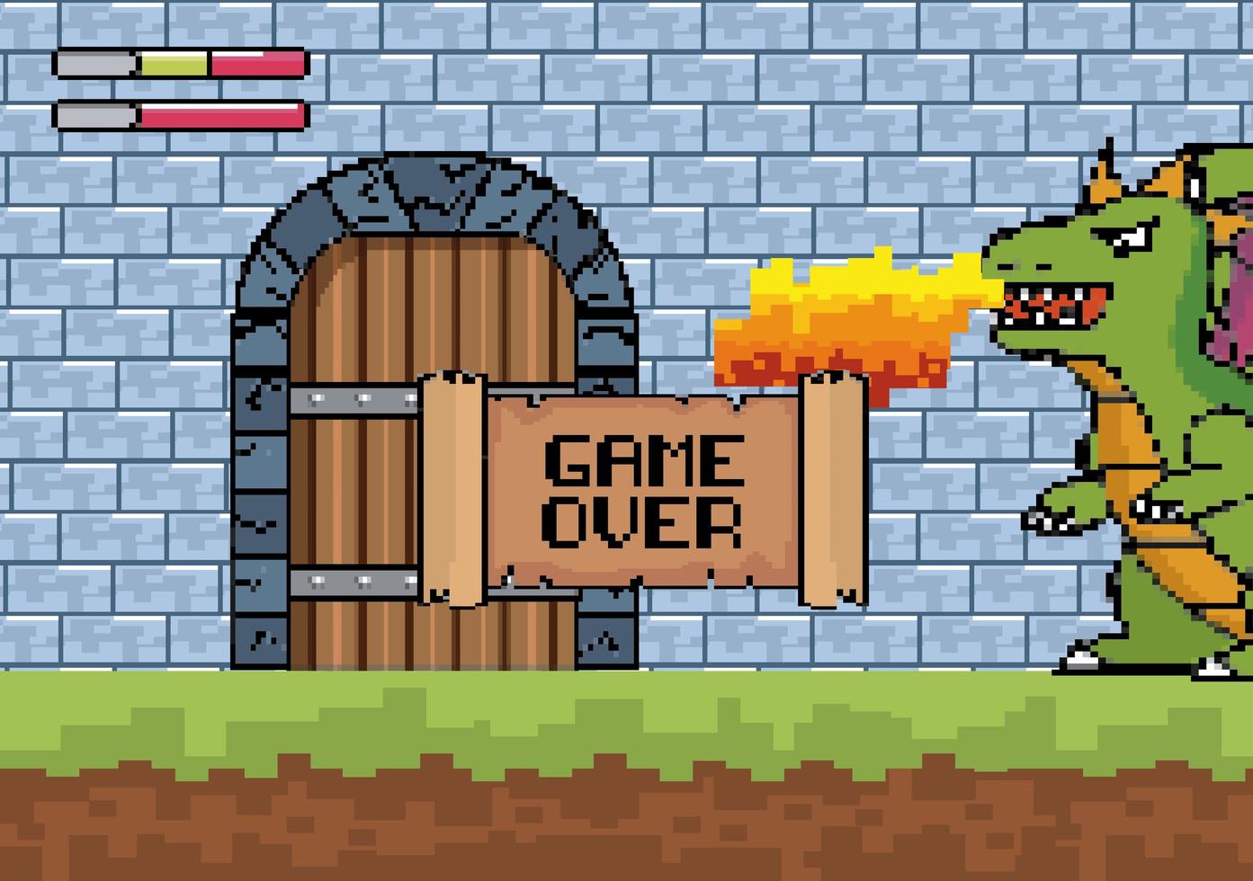 Juego sobre escena de videojuego con dragón. vector