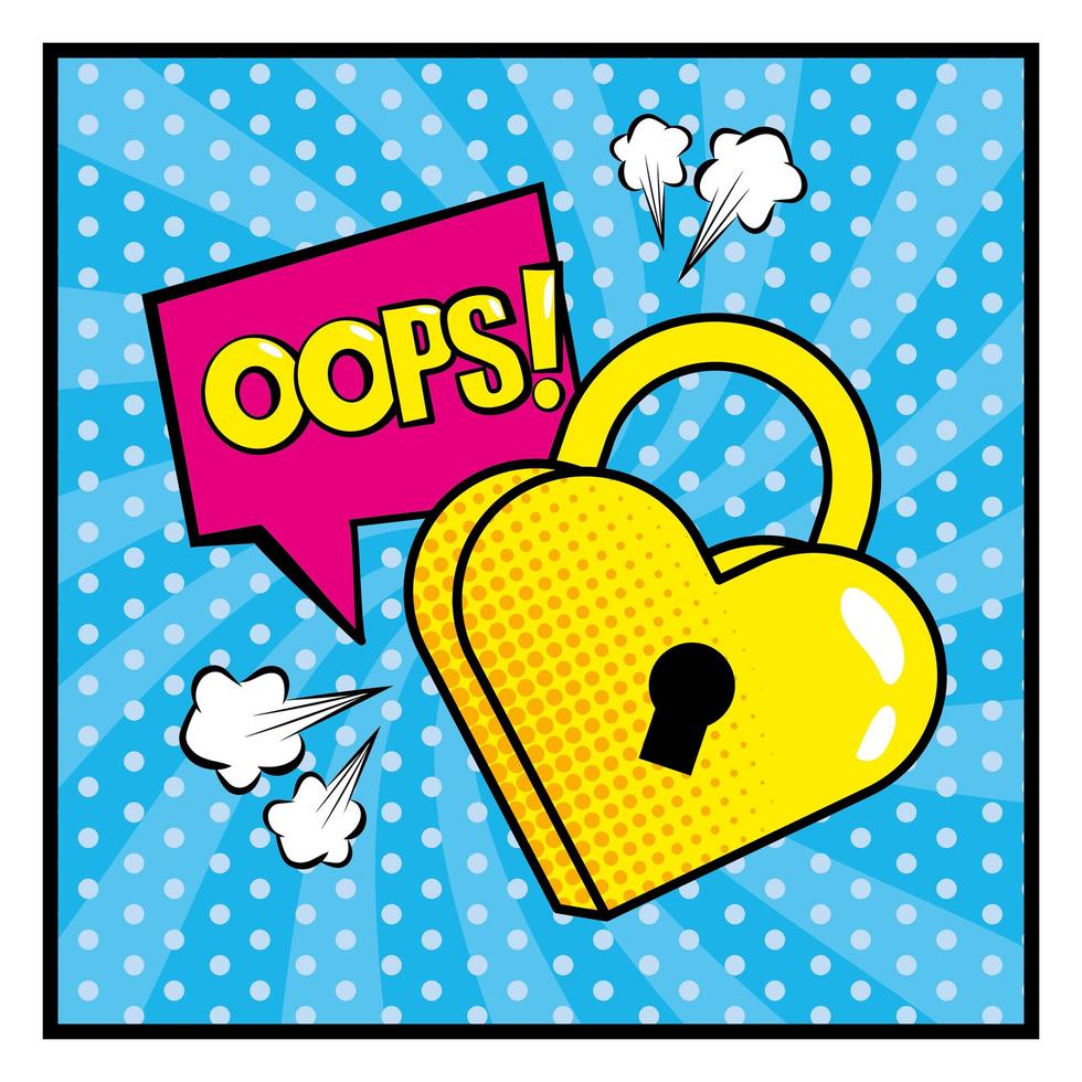 Heart padlock with onomatopoeia pop-art style vector