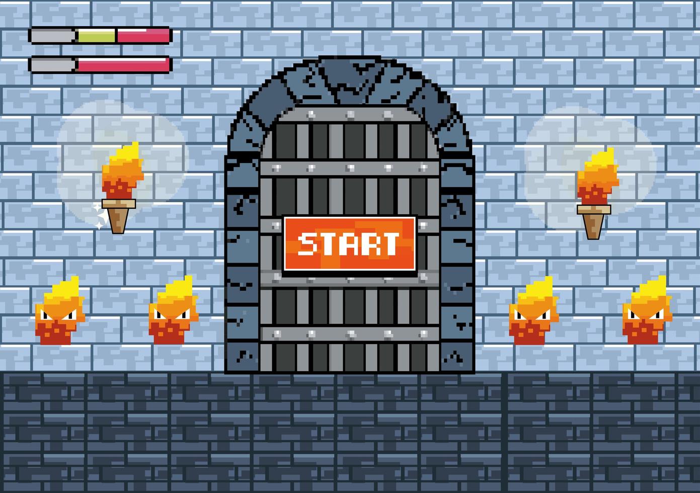 Comienza la escena del videojuego con personajes de puerta y fuego. vector