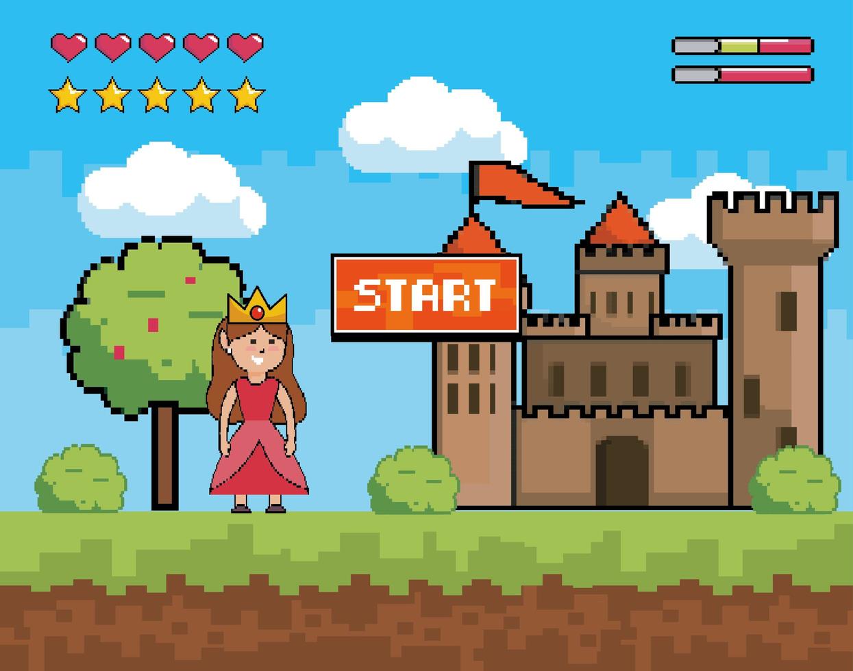 Iniciar escena de videojuego con princesa y castillo. vector