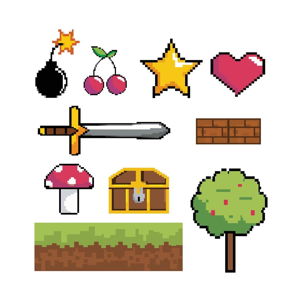 Videogame pixel graphic icon set vector