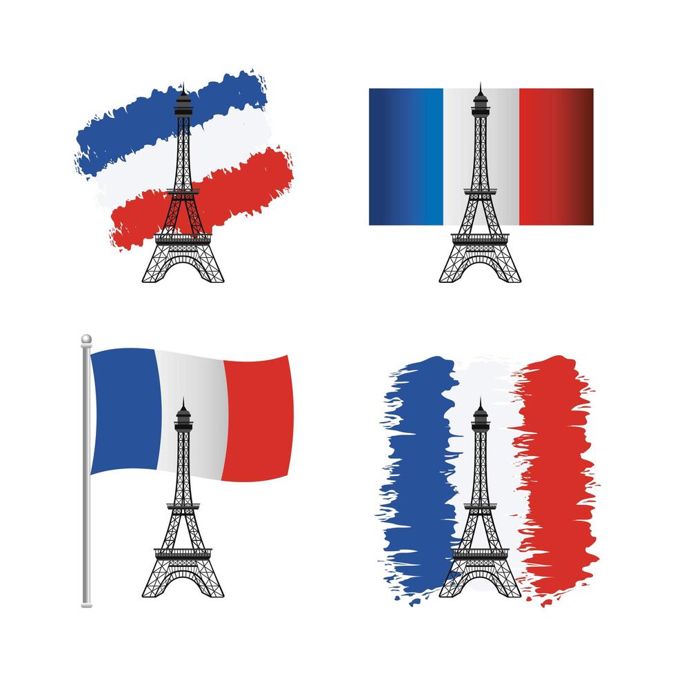 bandera de francia, y, torre eiffel, icono, conjunto vector