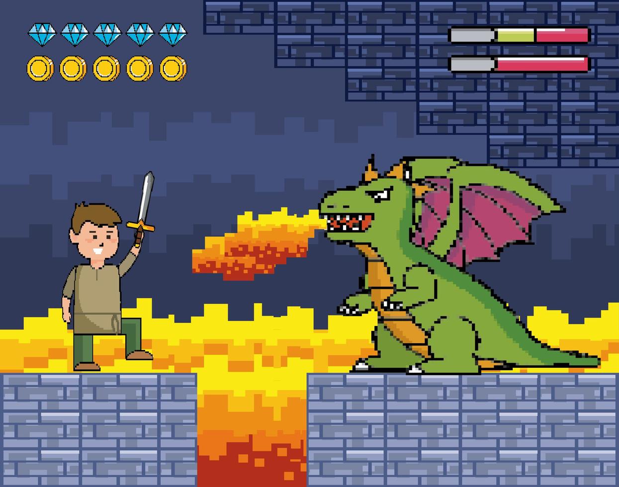 Escena de videojuego con dragón escupiendo fuego. vector