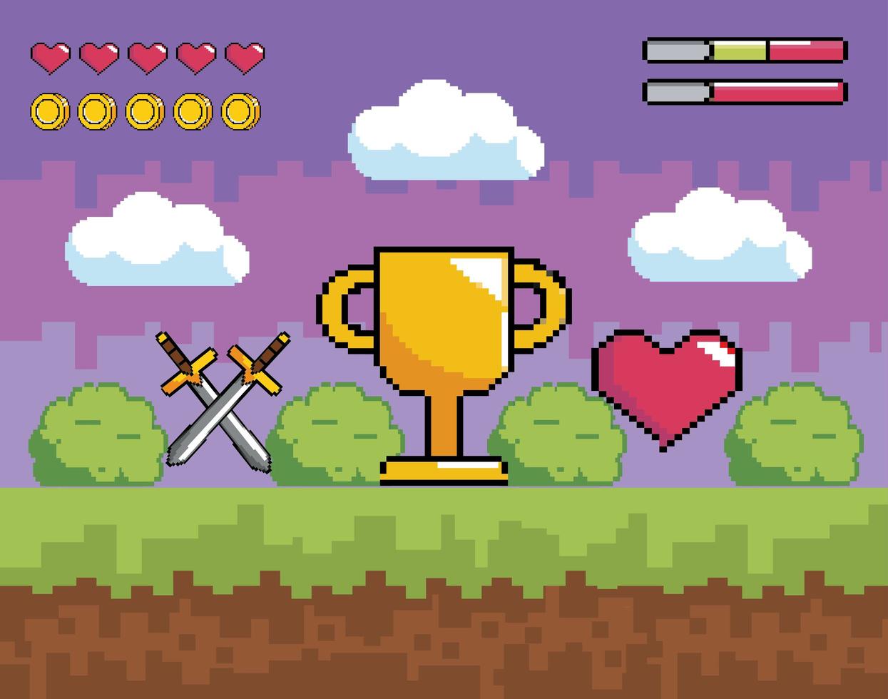 Escena de videojuego con copa de oro, espadas y corazón. vector