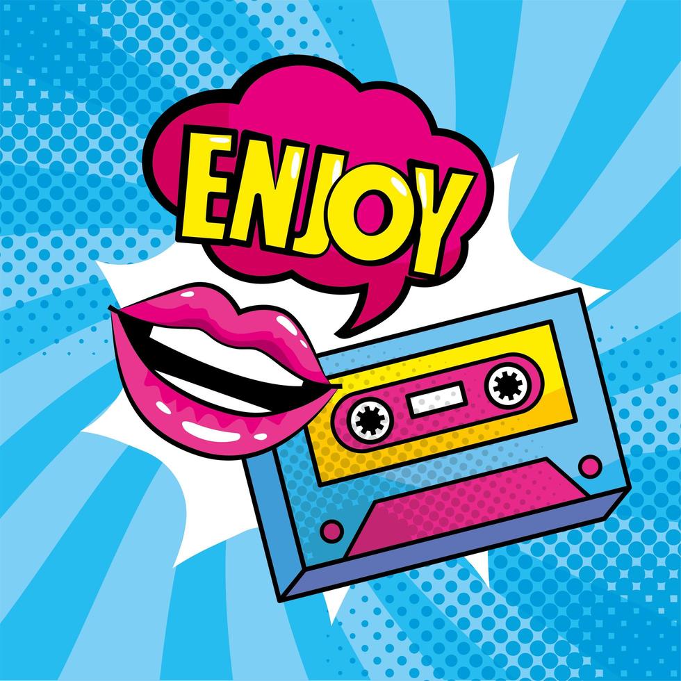 Pop art-style mouth with cassette tape vector