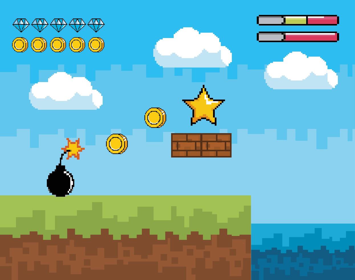 escena de videojuego con estrella, monedas y bomba. vector