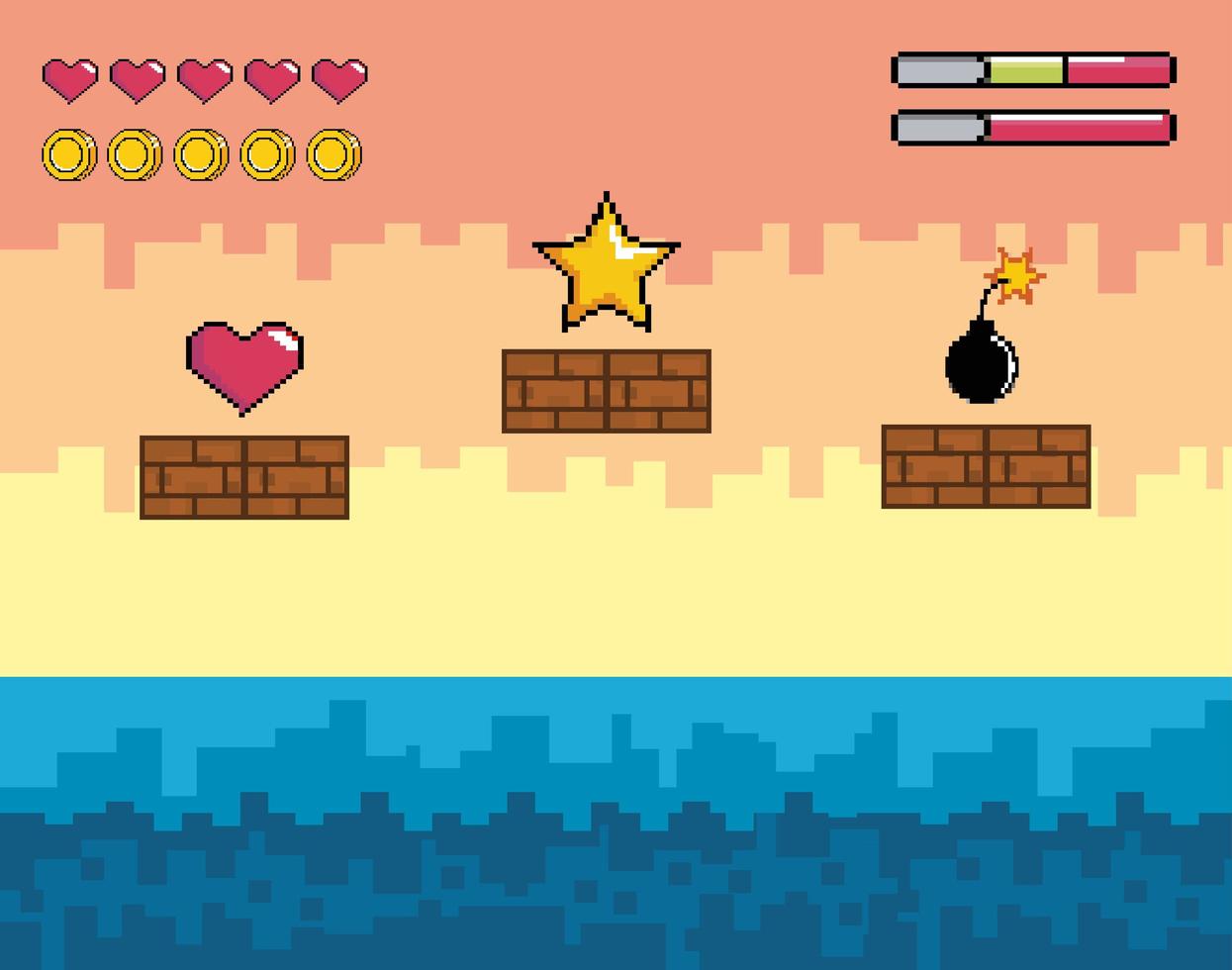 Videogame scene with gold star, heart, and bomb vector