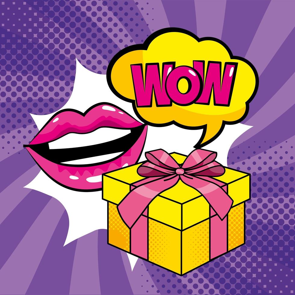 Mouth with gift box pop-art style vector