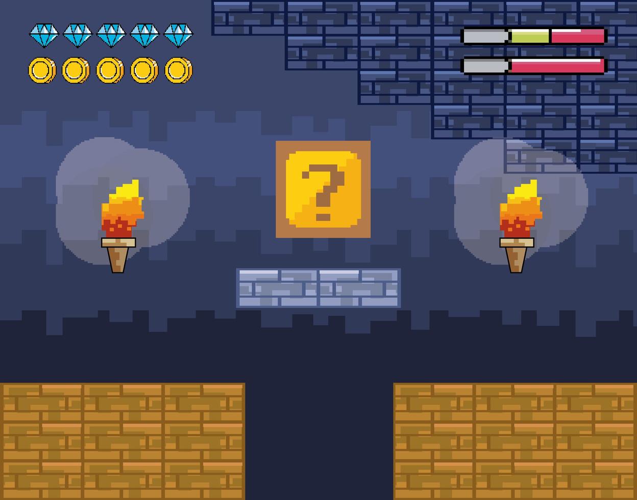 Videogame scene with torches and question box vector