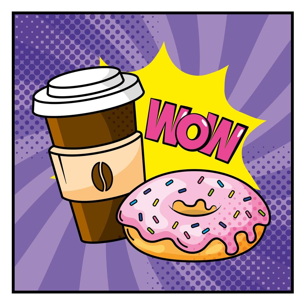 Donut con taza de taza de café y onomatopeya vector