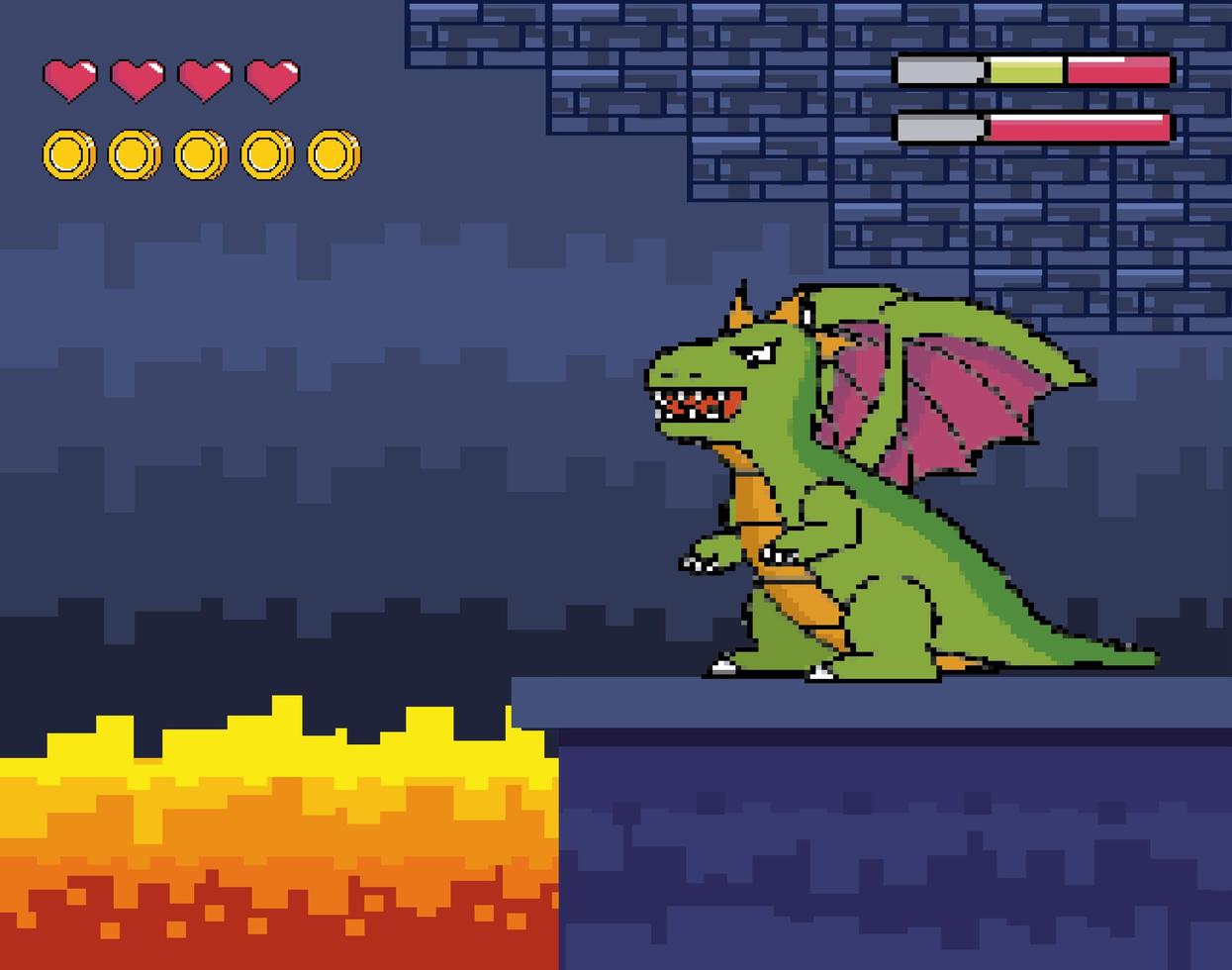 Escena de videojuego con dragón y fuego. vector