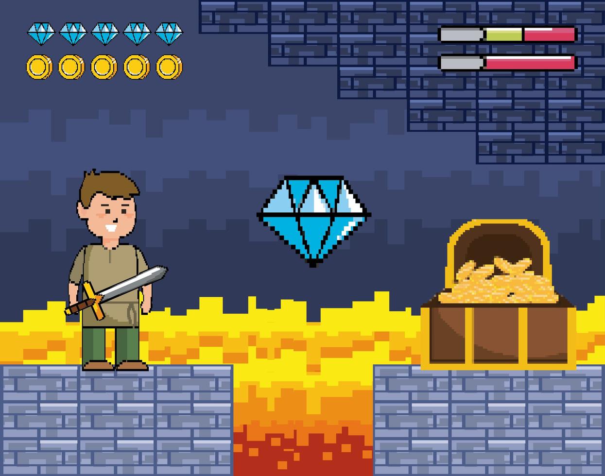 Videogame scene with prince and wooden chest vector